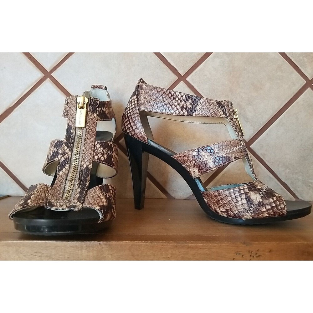 Michael Kors Snakeskin Pattern Strappy High Heels in Brown and Black
